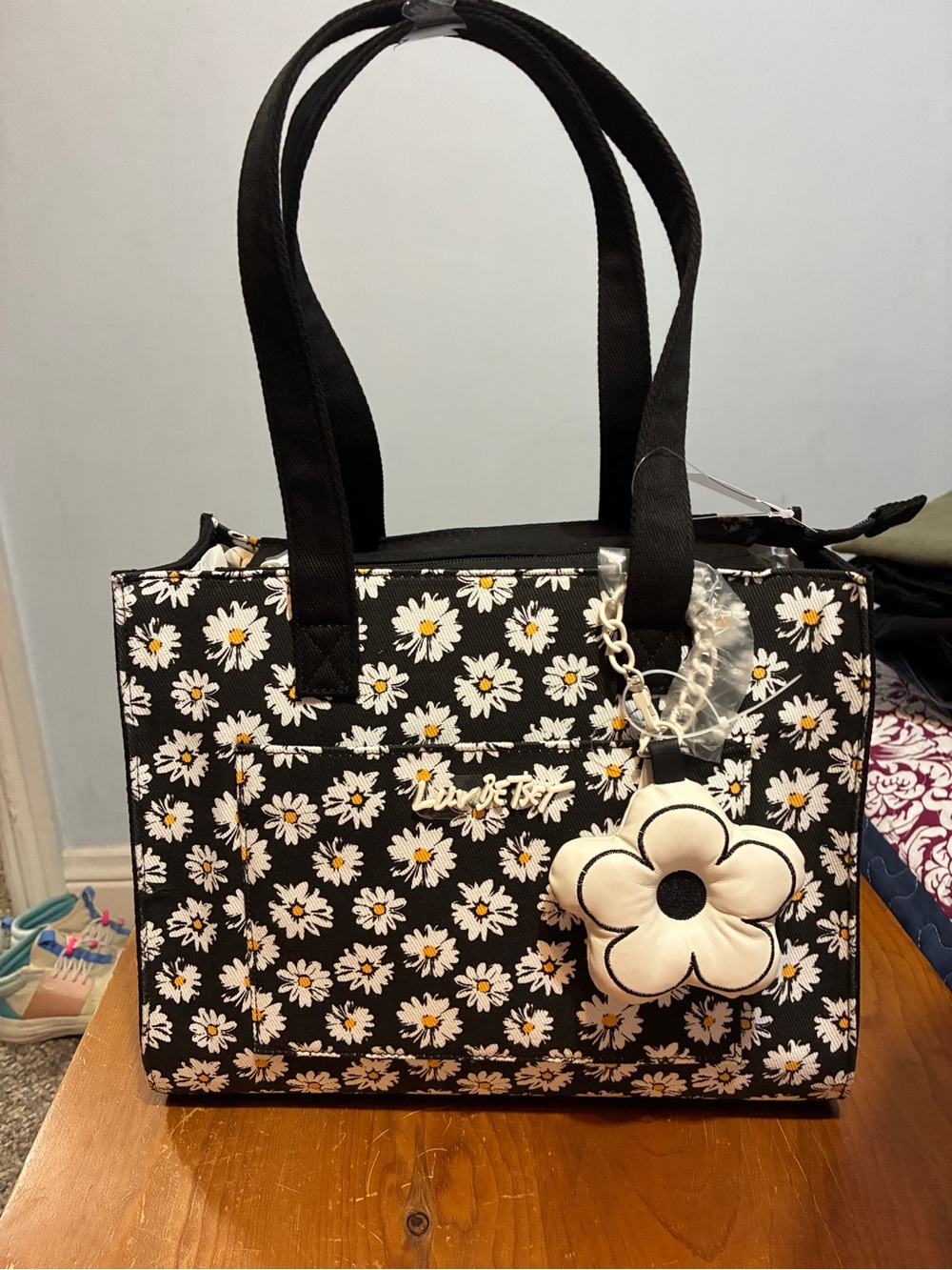 Betsey Johnson Black and White Daisy Tote with Flower Charm